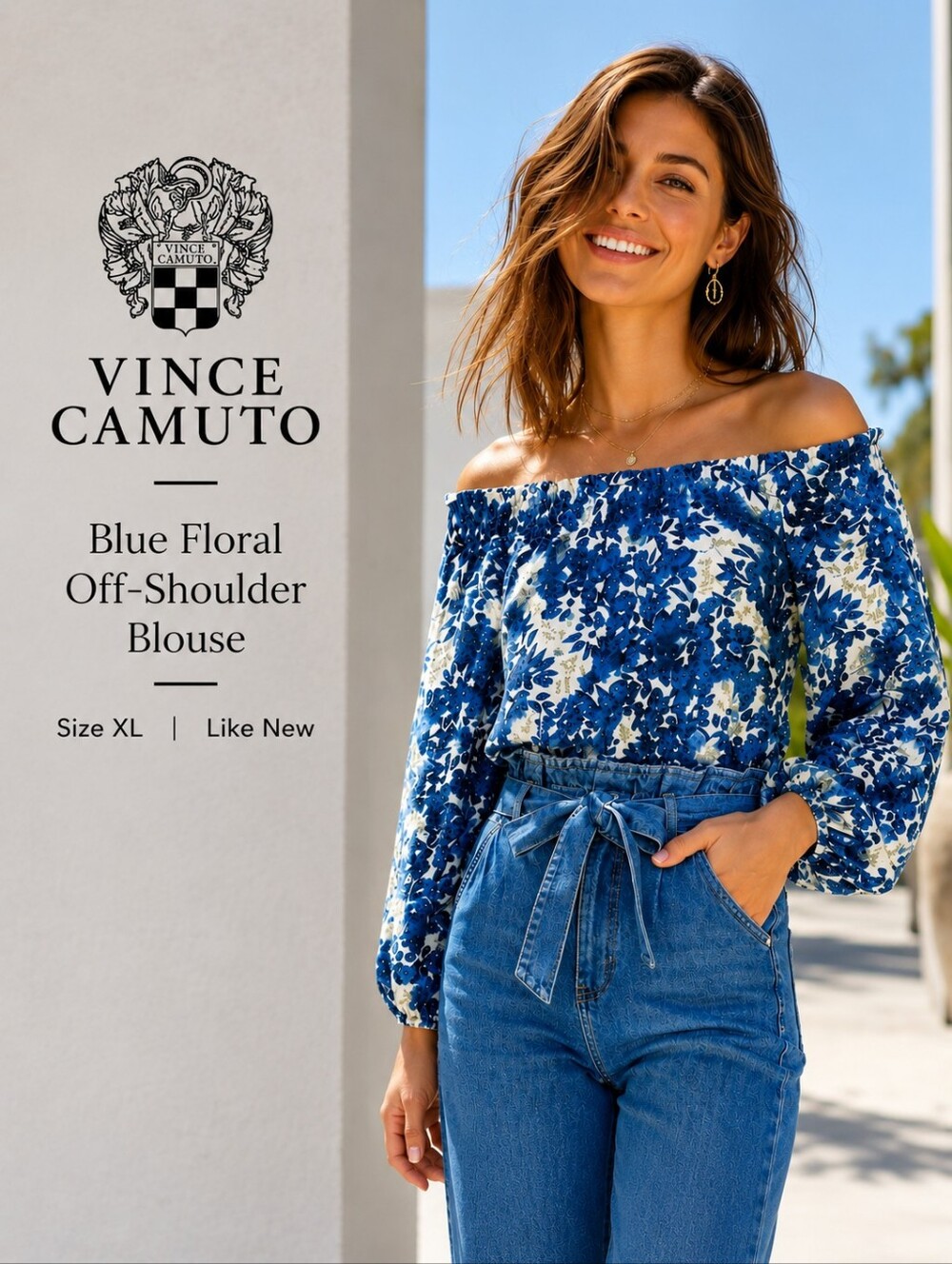 Vince Camuto Blue Floral Off-Shoulder Top | Balloon Sleeve | XL | Like New